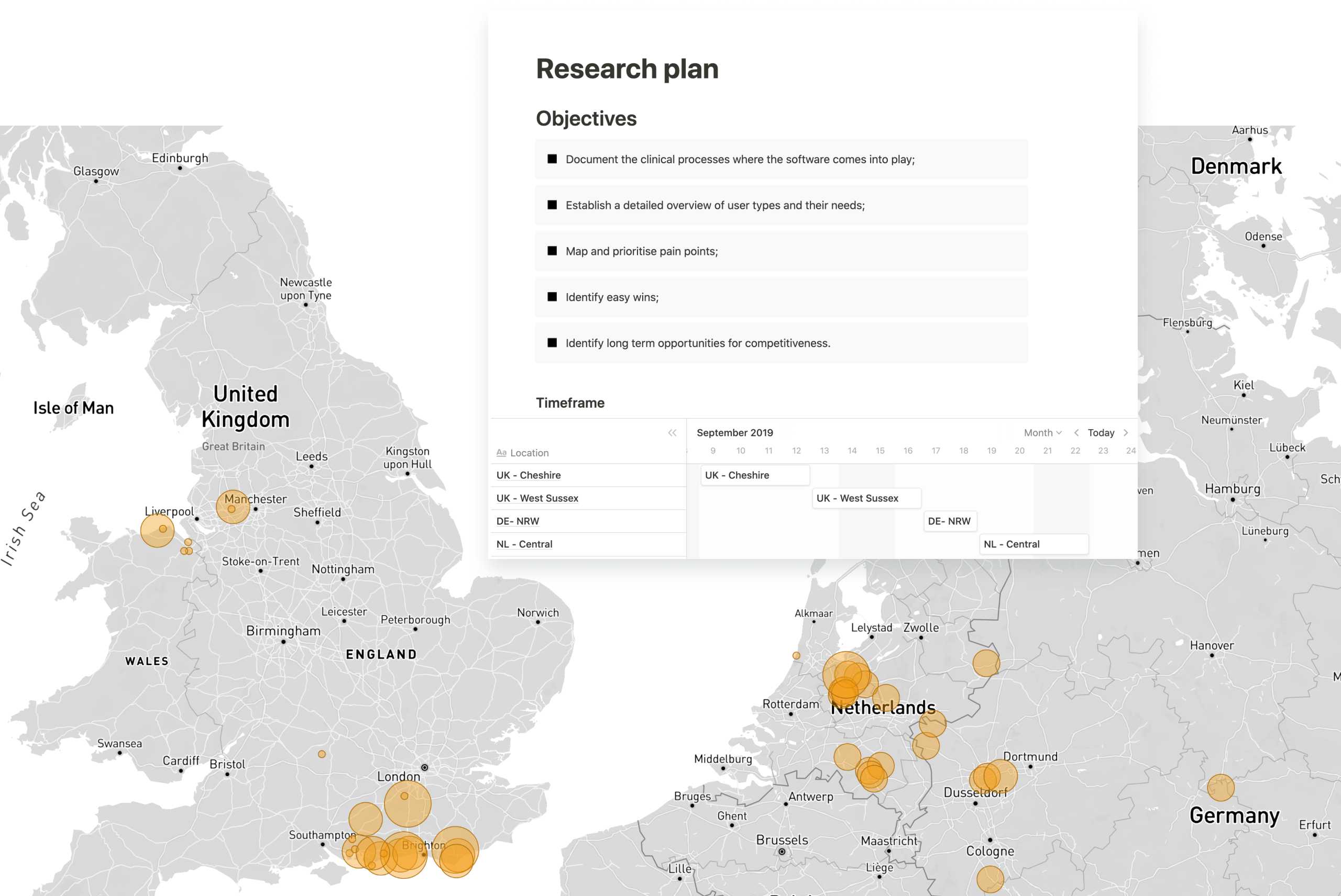 Map of the UK and Germany with locations of user research highlighted