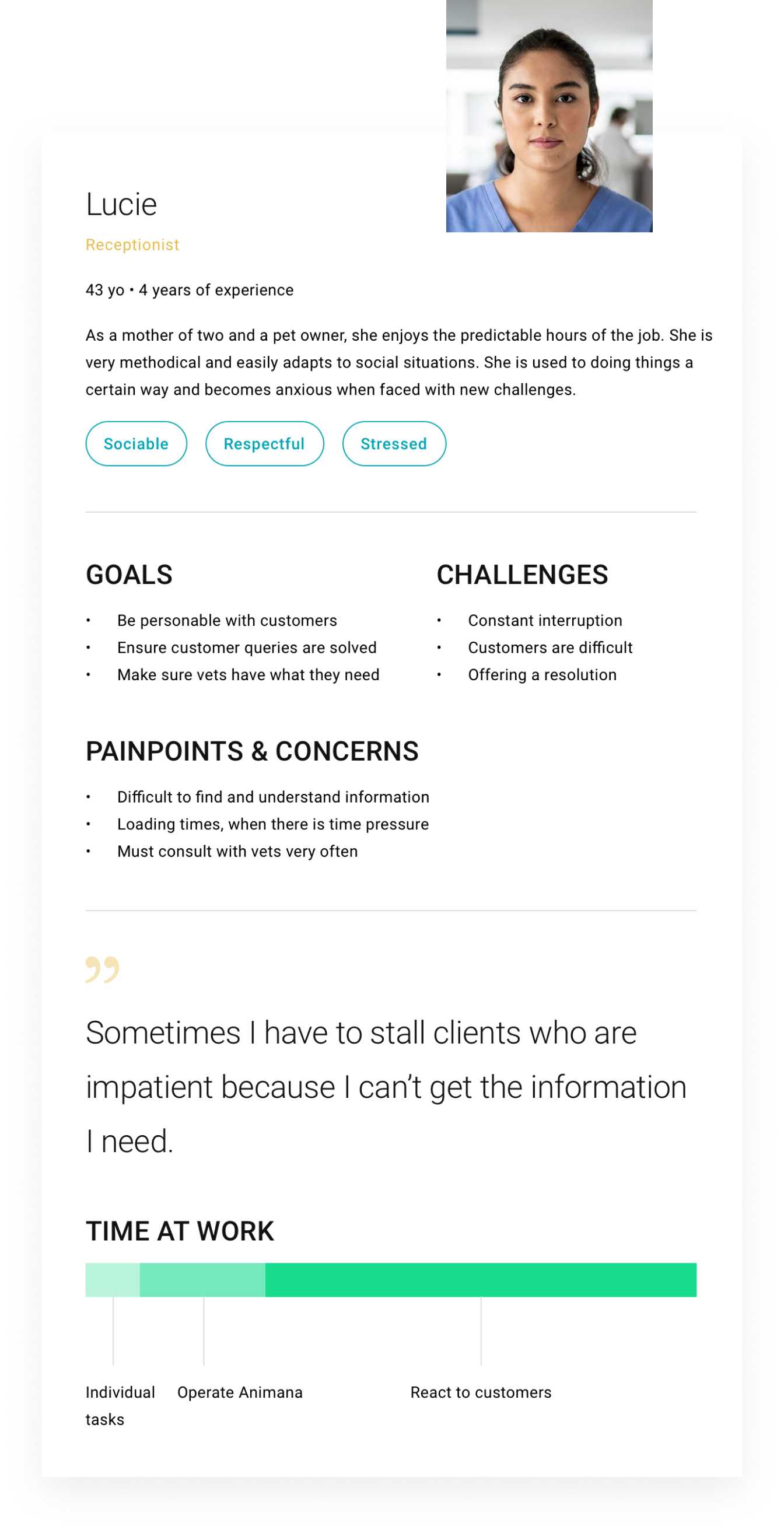 User persona diagram with goals, challenges and concerns