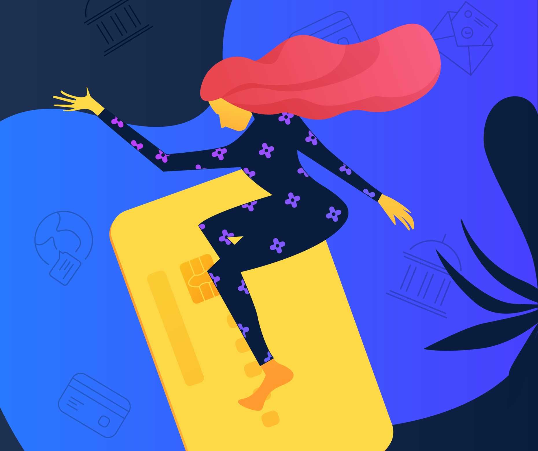 Illustration for mobile app UI with a woman surfing on credit card