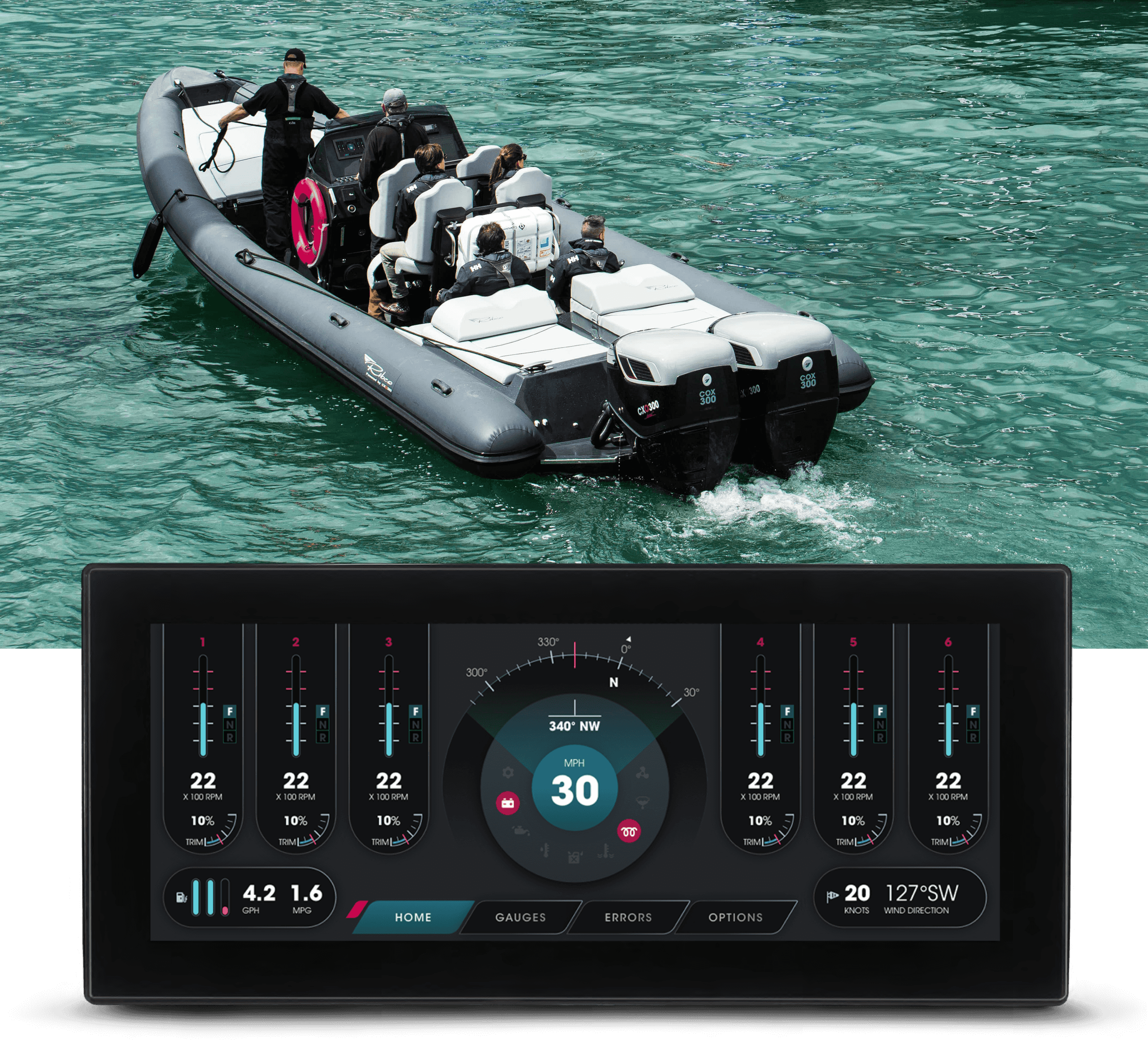Boat with two outboard engines using digital interface