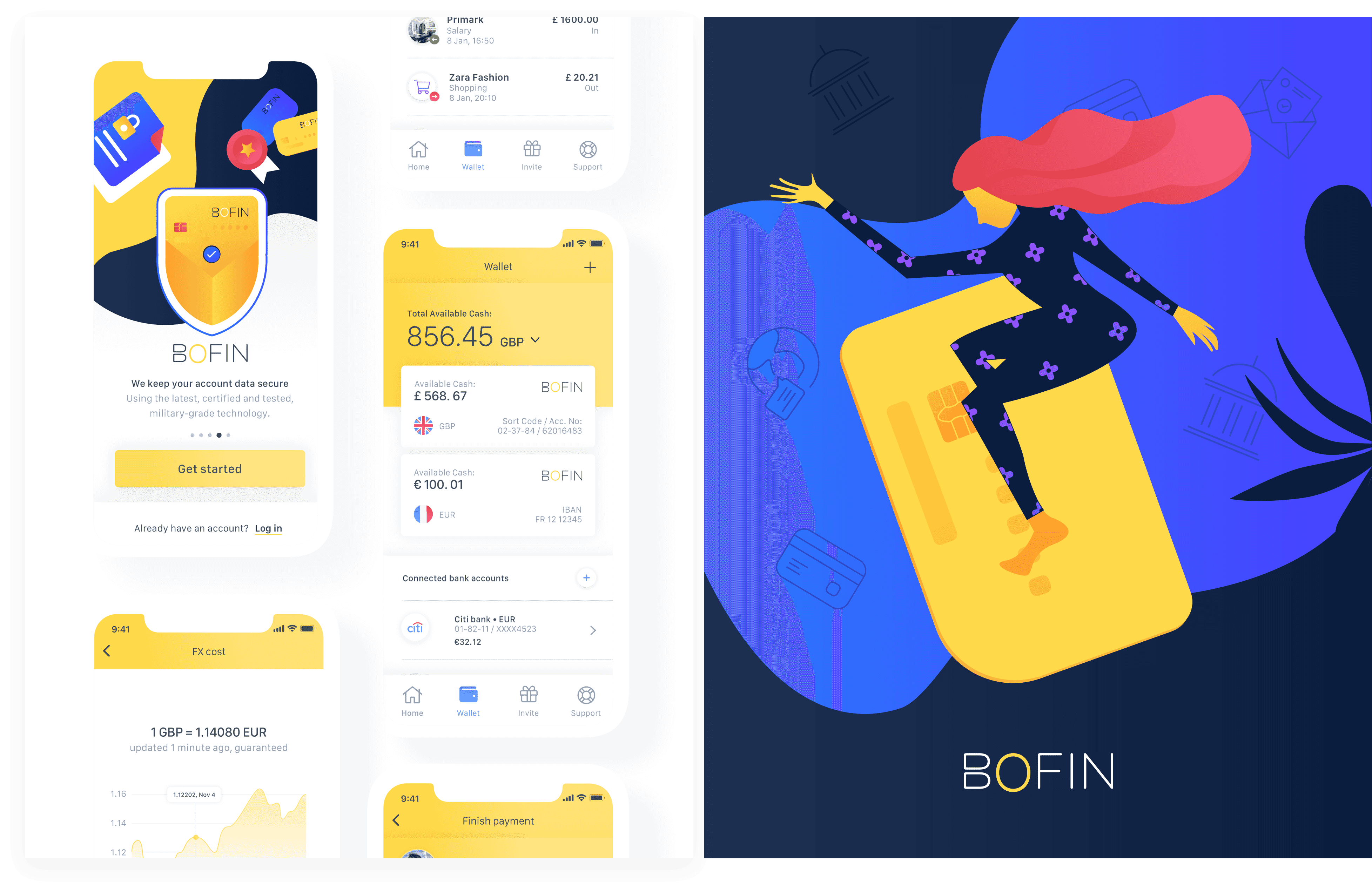 App design and illustration of fintech app side by side.