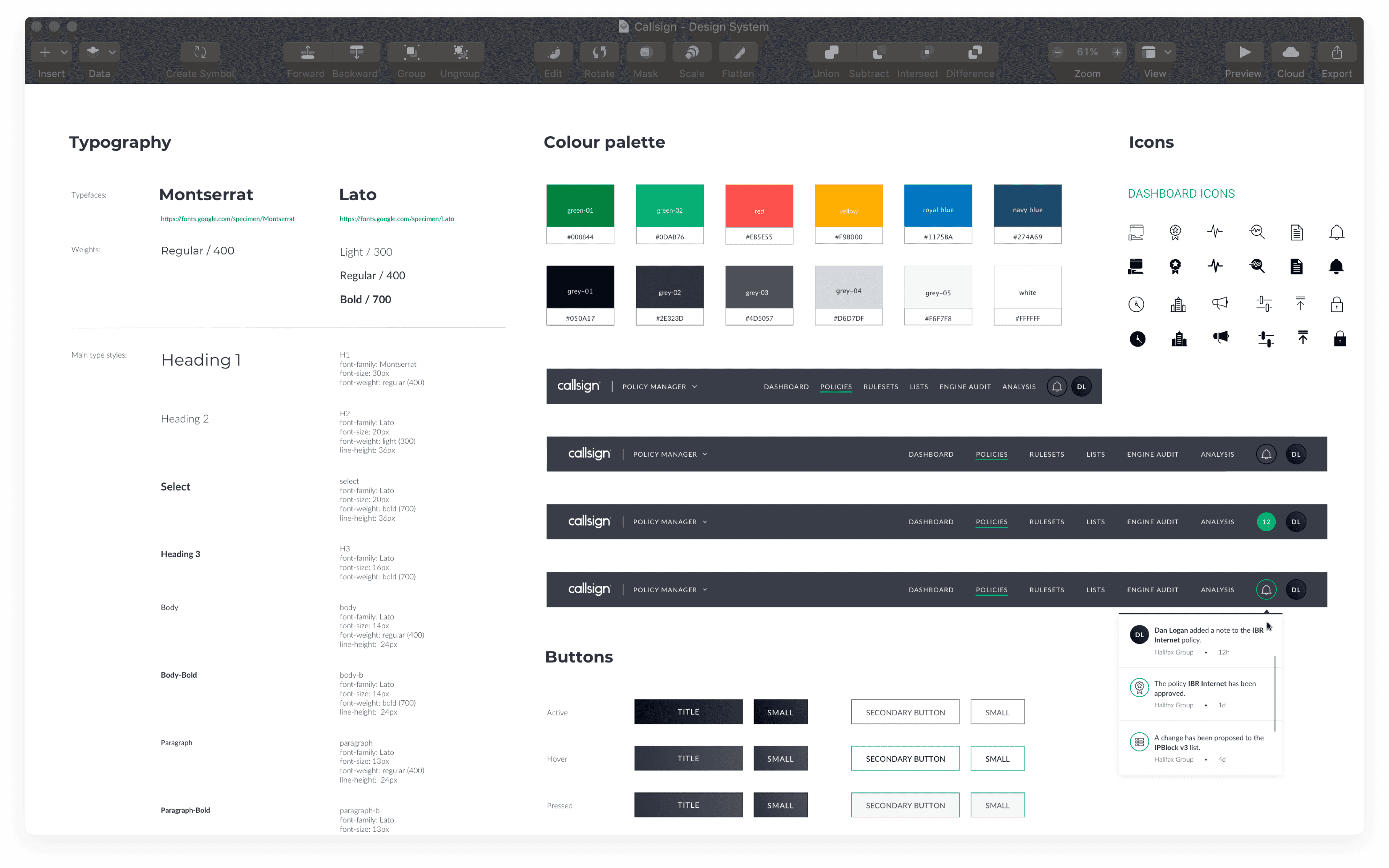 Detail of design system for cybersecurity app with typography, colours, icons, navigation and button styles