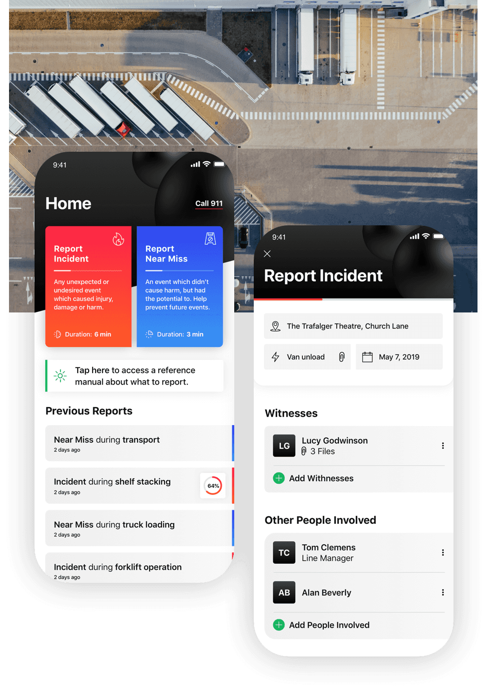 App design on top of an image of a logistics center.