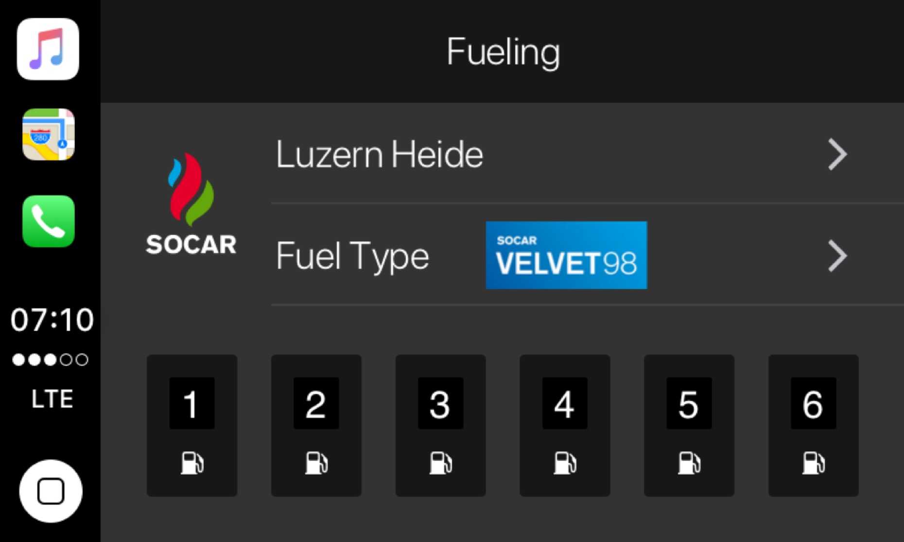 User interface options for selecting fueling details in car play app