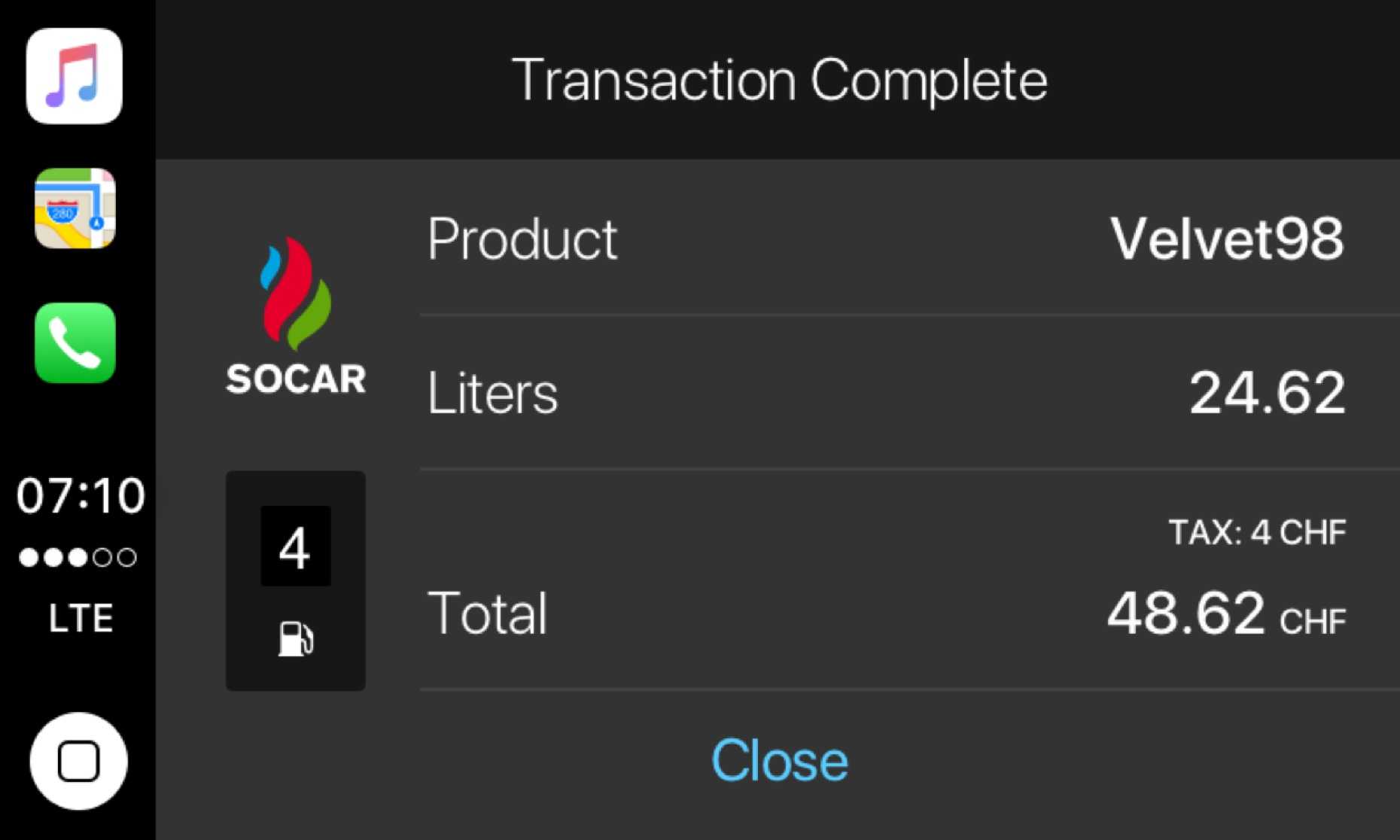 Ui design for transaction success screen in car play app for petrol station