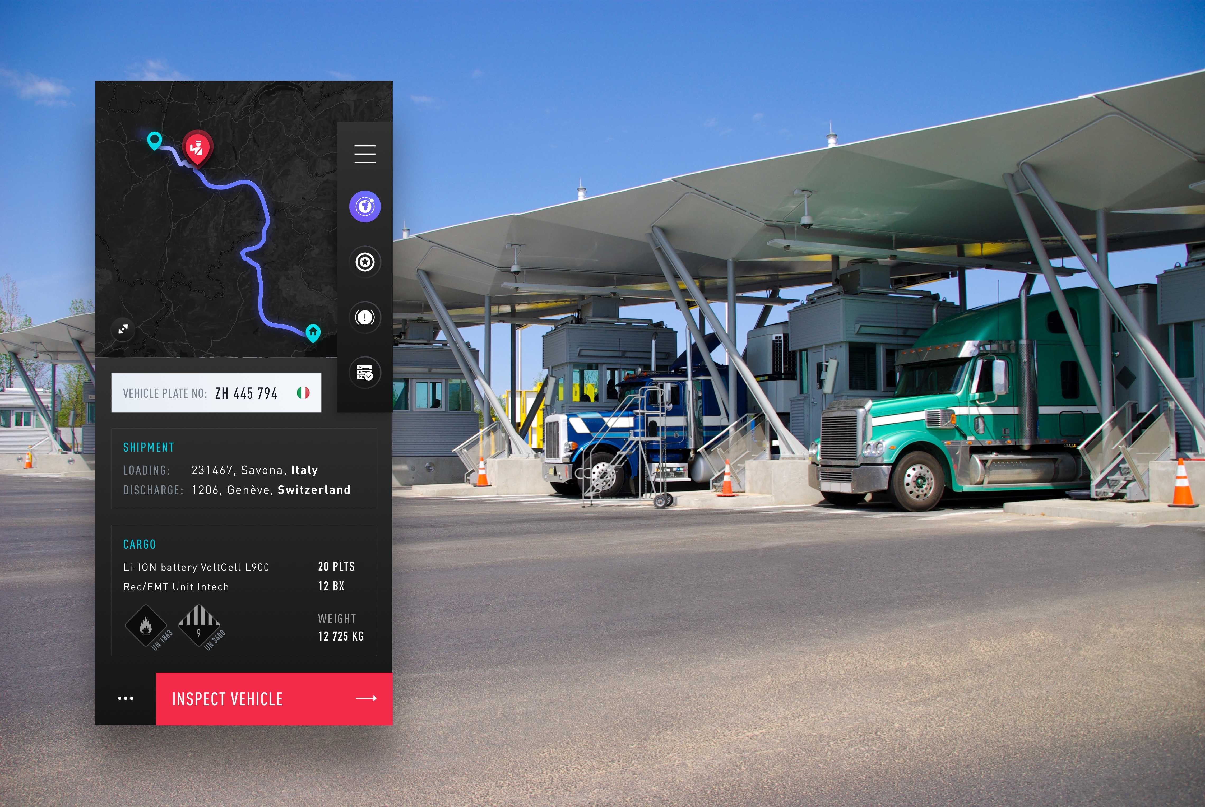 UI Design of intelligence application at border crossing with trucks waiting in background